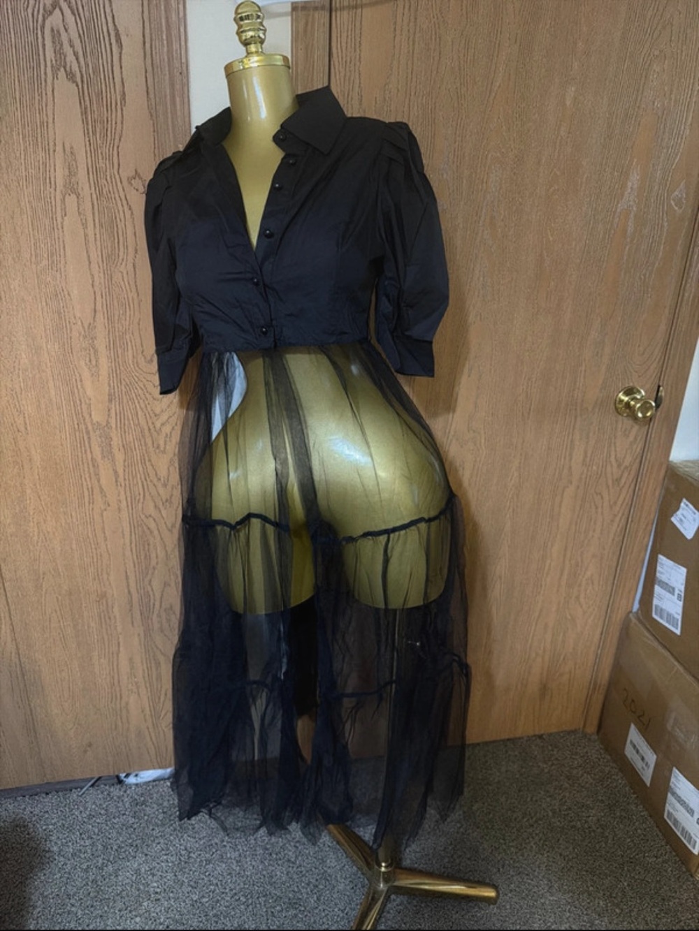 Black Sheer Tulle Maxi Dress with Shirt Bodice - Women